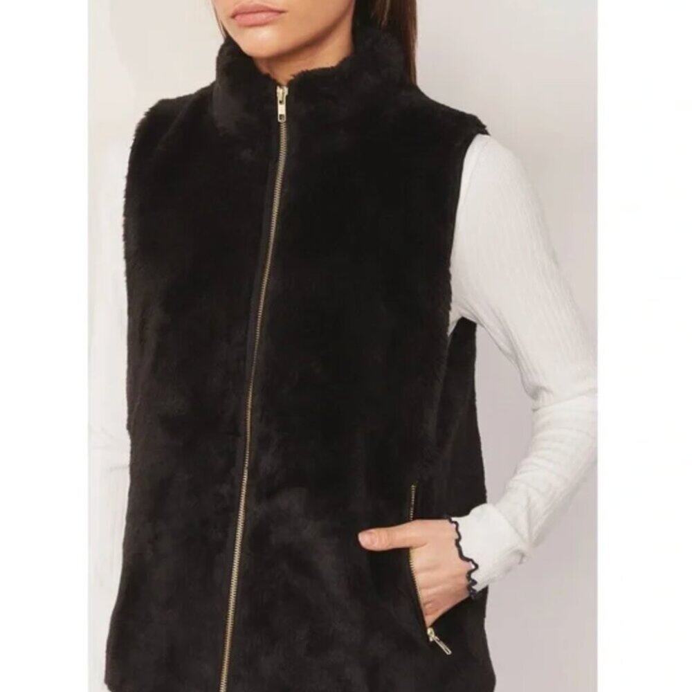 J. Crew Plush Fleece Excursion Black Faux Fur Zip Up Vest Size Medium
